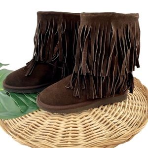 Minnetonka NWOT Moccasin brown suede fringe hippie boho faux fur boots size 6